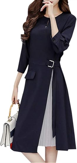 Amazon Co Jp Easonddd ワンピース フォーマル ドレス 膝丈 プリース 付き レディース ファッション 七分袖 Aライン 通勤 通学 カジュアル ゆったり 無地 服 ファッション小物