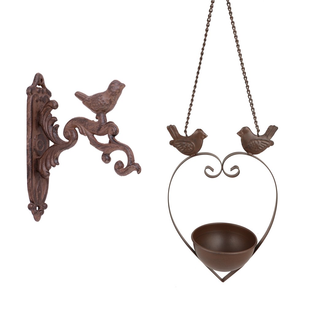 Cast Iron Hanging Heart Bird Feeder Dish And Hanging Bracket Set