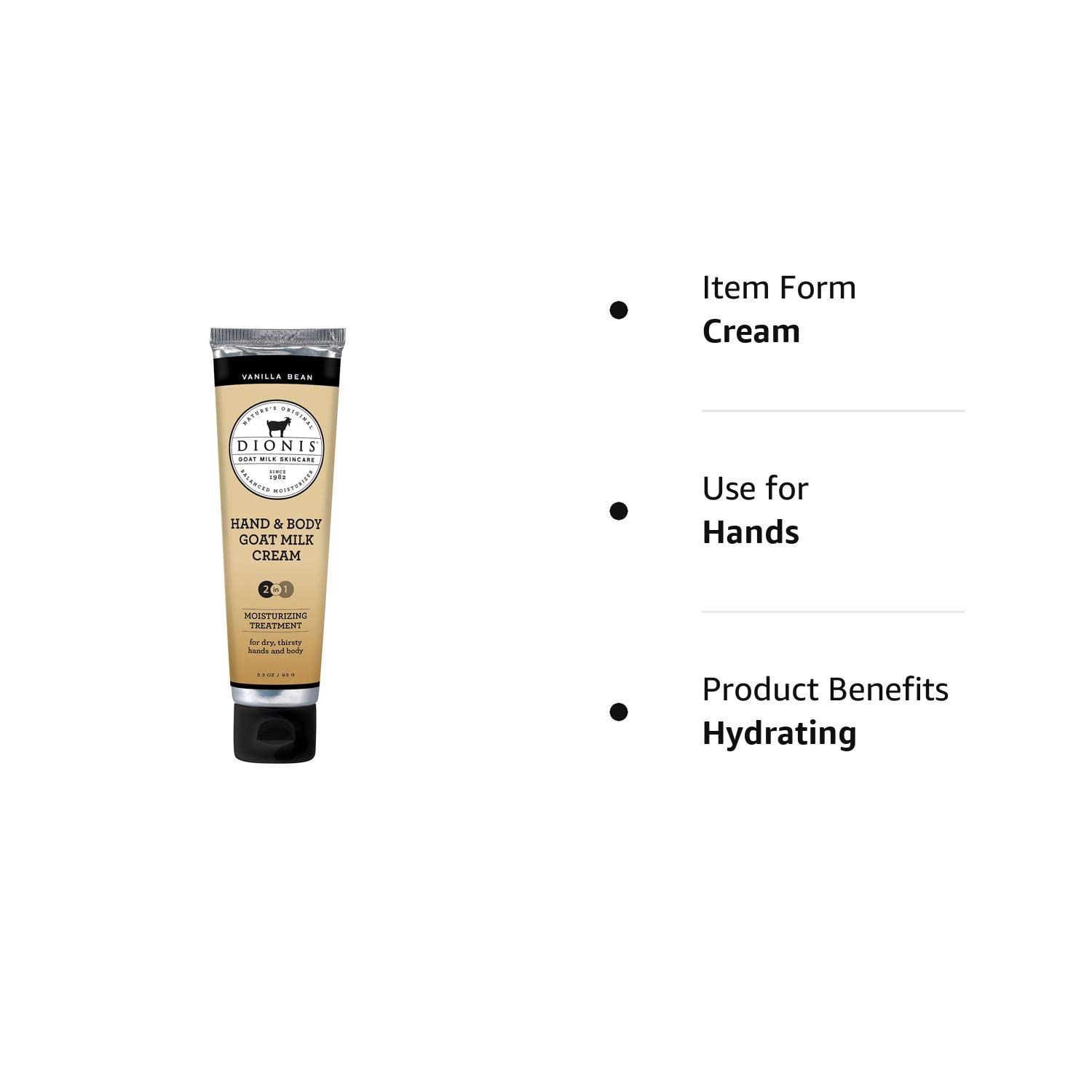 Dionis Goat Milk Skincare 3.3 oz Vanilla Bean Hand & Body Cream - Travel Size Hand Lotion For Hydrating & Moisturizing Dry Skin - Cruelty Free Cream Made In The USA - Paraben Free Formula