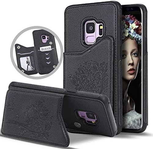 Galaxy S9 Case with Card Holder,S9 Wallet Case for Women,Vodico Durable Folio Flip Slim Fit Vintage Embossed Leather Wallet Back Magnetic Closure Cover with Credit Card Slots&Kickstand (Black)