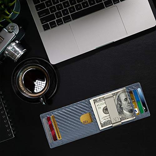 Access Denied Leather Carbon Fiber Wallets For Men - Navy Blue Money Clip Bifold Mens Wallet RFID Front Pocket Thin Credit Card Holder - Gifts For Men