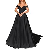 KSIISAI A Line Off Shoulder Wedding Dresses for Bride with Pockets Satin Long Bridal Gowns for Women with Sweep Train