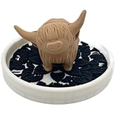Elegant Highland Cow Ring Holder with Floral Pattern Dish - Unique Jewelry Display - Personalized Ring Organizer - Perfect Engagement (Light Brown Cow/Black Flower White Dish)