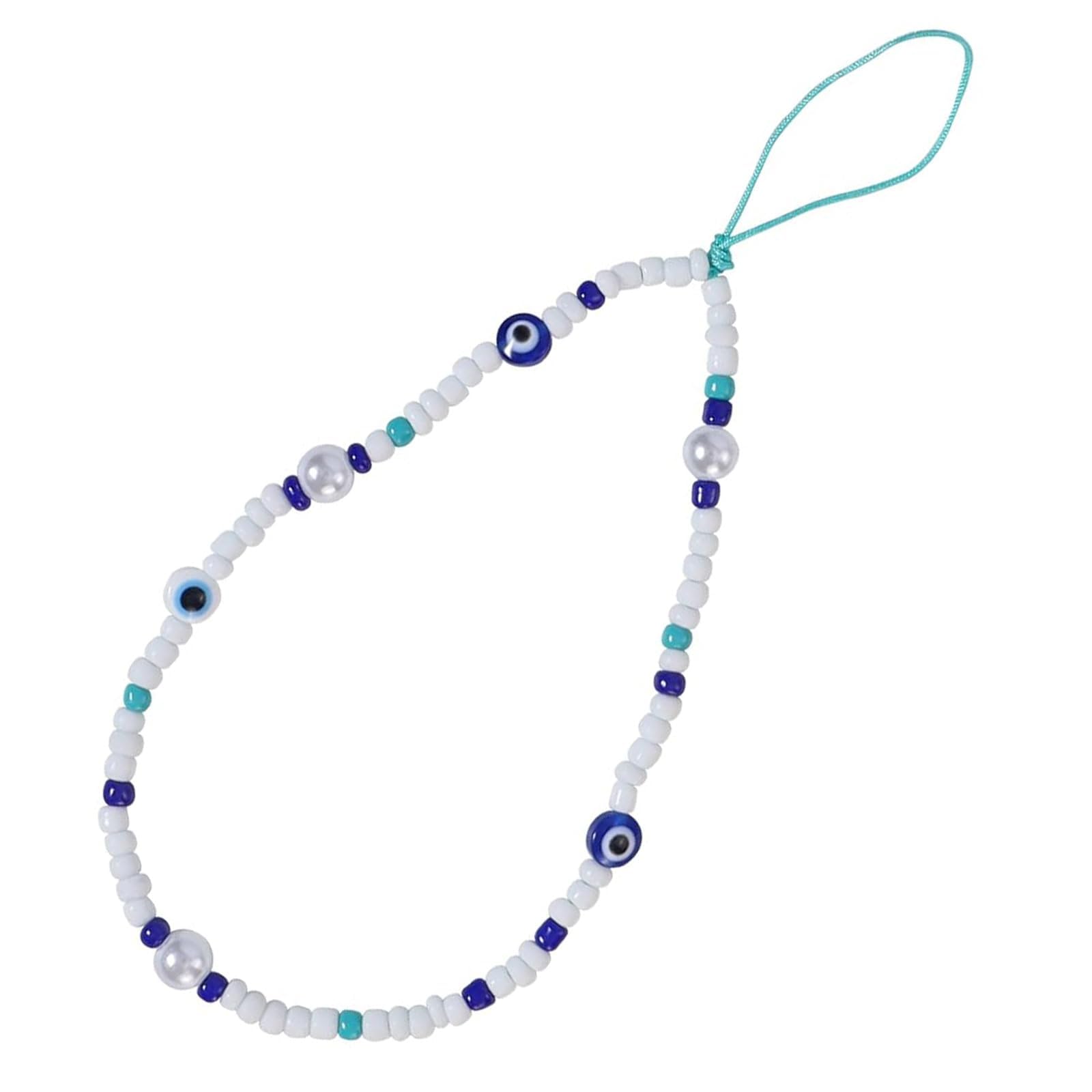 JYTDBCS 1 Pcs Beaded Phone Lanyard, Evil Eye Shape Mobile Phone String Strap, Fashion Accessories for Phone Hanging Key Chain, White Blue