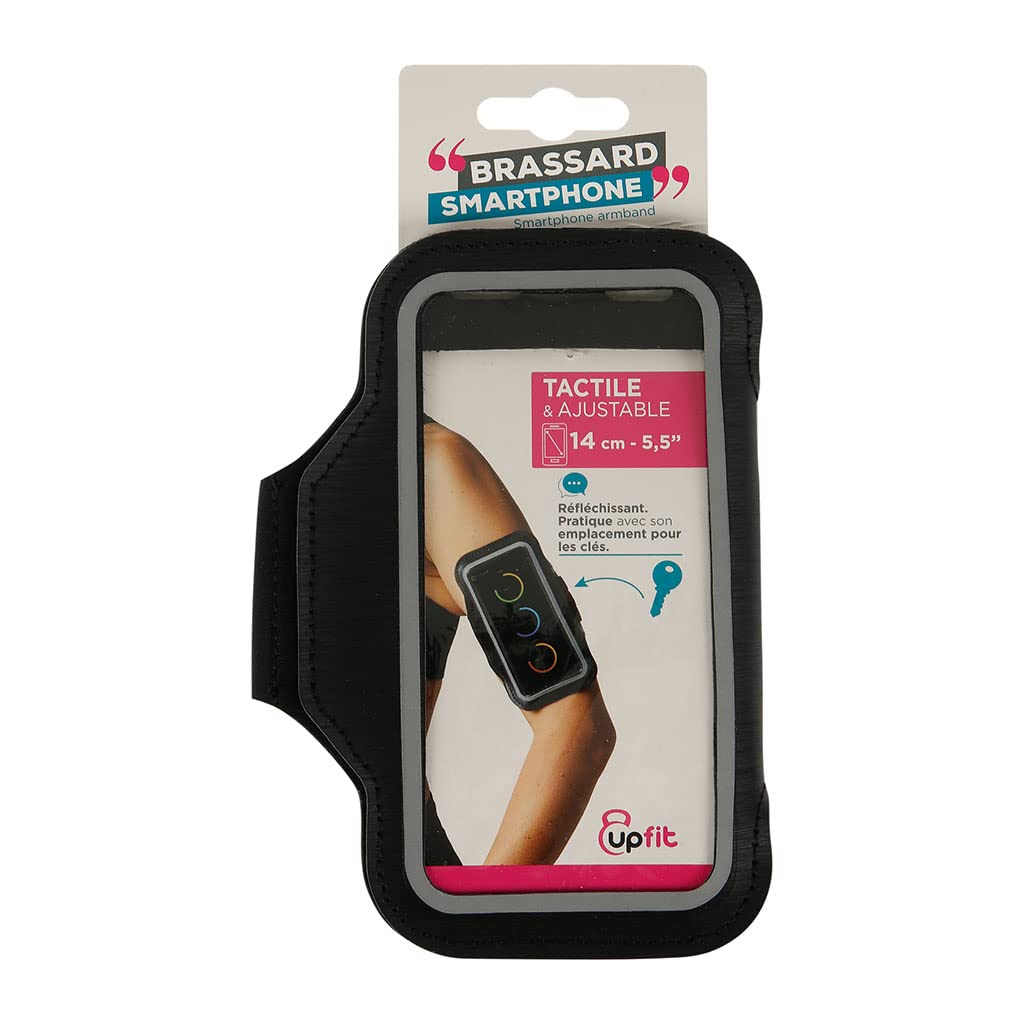 upfit - Smartphone holder armband – Size XL – Adjustable armband – Transparent touch window – Strap length: 14 cm – Allows you to carry the phone around the arm – Reflective strips