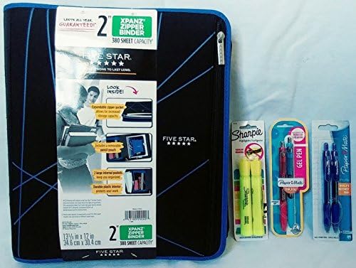 Five Star Xpanz 2" Zipper Binder with Sharpie Fluorescent Yellow Highlighter 2-Pk, Paper Mate Profile Retractable Blue Ballpoint Pens (2-Pk) and InkJoy Gel Pens (2-Pk) Exclusive Bundle - 4 pieces