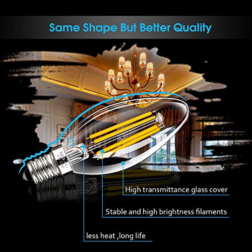 LED Candelabra Bulbs with E12 Base Dimmable E12 LED Bulbs 40W Equivalent Halogen Replacement 2700K Warm White 4W Filament Candle Light Bulbs with 400 Lumen 6 Packs by COOWOO
