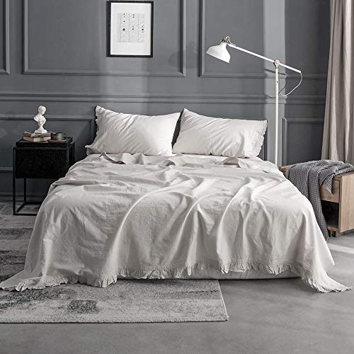 King Linens Simple&Opulence Belgian Linen Sheet Set 4PCS Solid Color Ruffles Flouncing