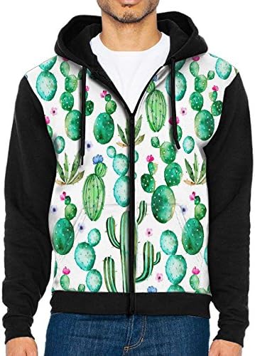 Cute Watercolor Flowering Cactus Men's Zipper Splicing Overcoat Belt Hat and Pocket
