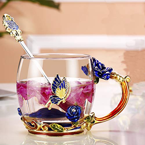 Tea Cup, Handmade Butterfly Blue Rose Coffee Mug Cups,12 oz (Blue Rose) Ideal for Friend Wedding Anniversary Birthday Presents