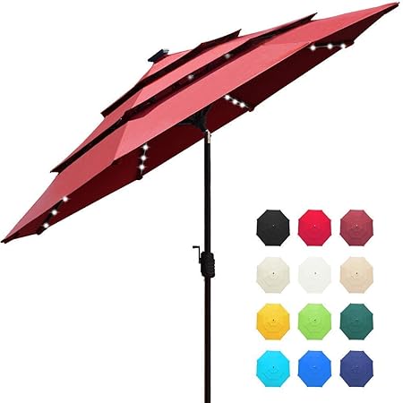 Amazon Com Eliteshade Sunbrella Solar 9ft 3 Tiers Market Umbrella With 80 Led Lights Patio Umbrellas Outdoor Table With Ventilation And 5 Years Non Fading Top Burgundy Garden Outdoor