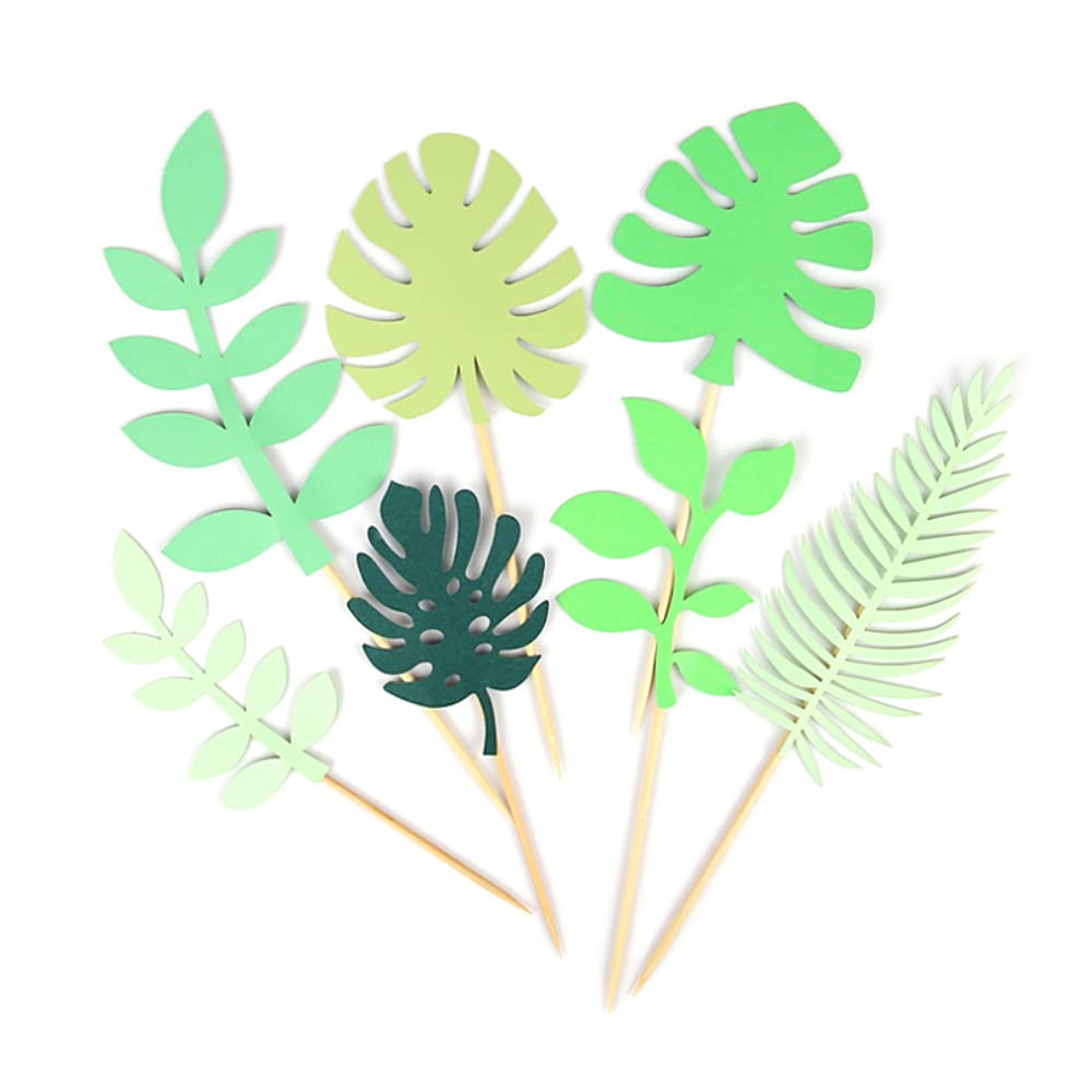 14Pcs Glittery Tropical Leaves Cake Topper Tropical Greenery Cake Topper Palm Leafes Party Supplies for Jungle Hawaiian Theme Birthday Party Decor Safari Baby Shower Decor