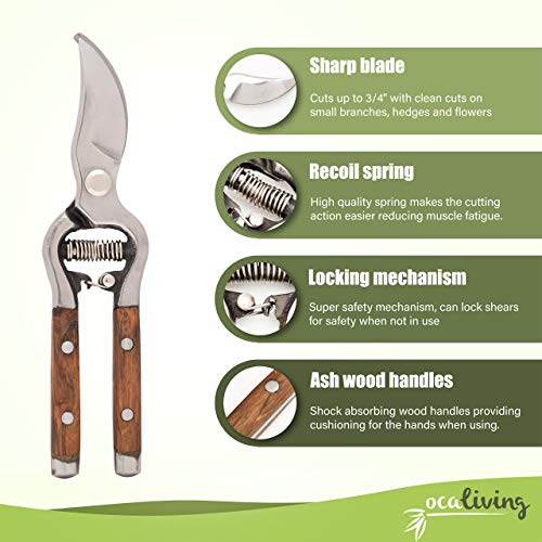 OCALiving Traditional Bypass Pruning Shears-Branch, Hedge, Shrub, Flower Clipper and Trimmer for Garden-Razor Sharp Stainless Steel Blade-Natural Wood Handles