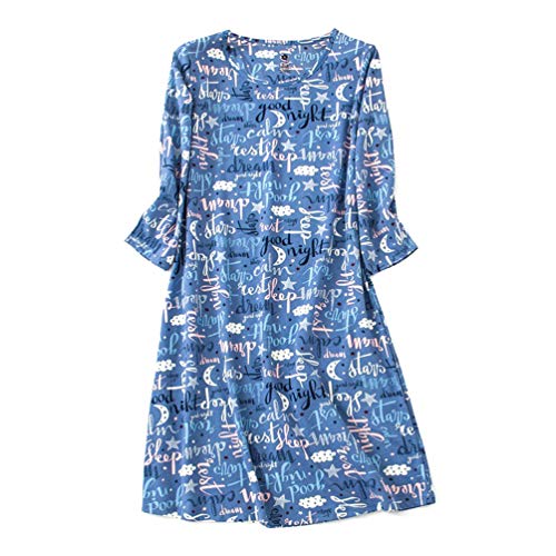 ENJOYNIGHT Womens Cotton Sleepwear Short Sleeves Print Sleepshirt Sleep Tee (Long Sleeves Bule, L/XL)