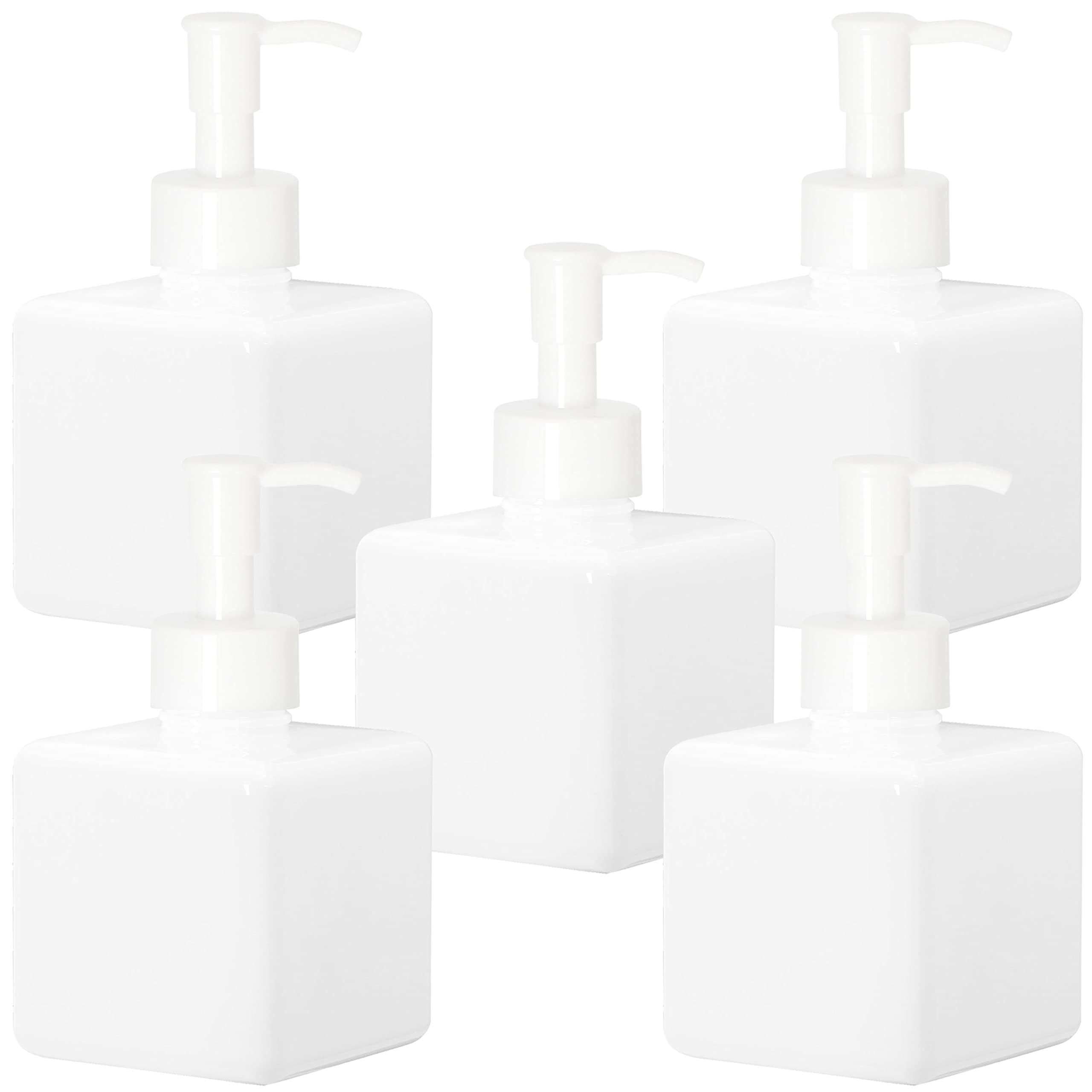 Youngever 5 Pack 250ML Plastic Pump Bottles, White Refillable Plastic Pump Bottles with Travel Lock (Square)