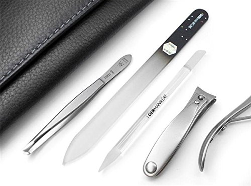 GERManikure 5pc matte stainless steel manicure set in black leather case with magnetic closure