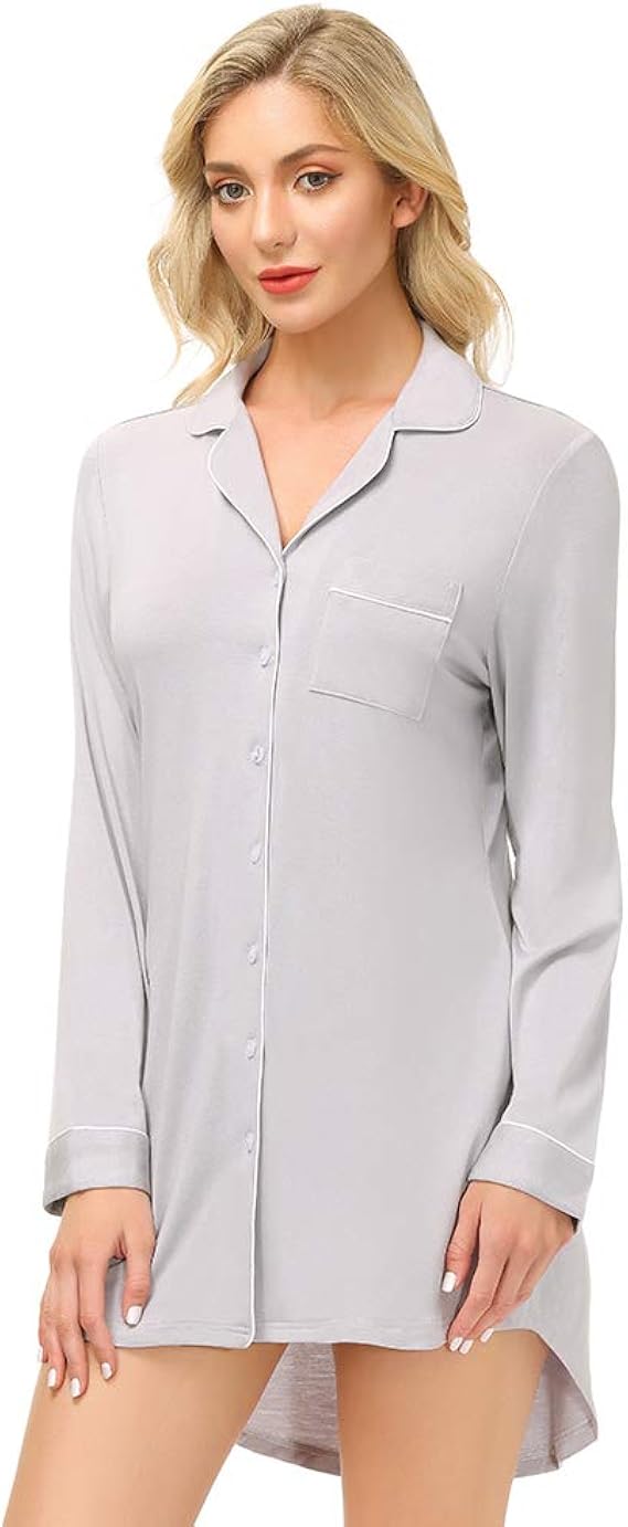 Amazon Hakadiパジャマ レディース ワンピース ルームウェア レディース ネグリジェ 長袖 前開き 膝丈 シャツワンピ 寝巻き かわいい 肌に優しい シャツ風 部屋着 ルームワンピース ネグリジェ 通販
