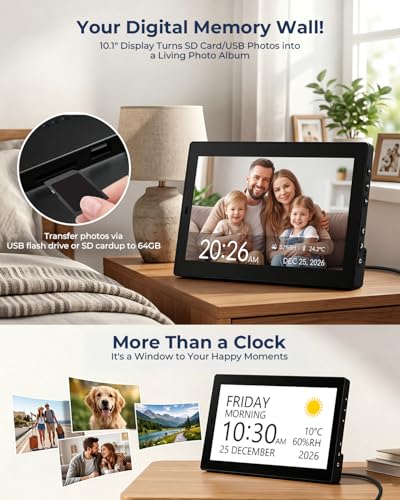 ROCAM 10 Inch Digital Clock, Digital Alarm Clock with Large Screen, Calendar, 20 Alarms and Reminders, 18 Ringtones, 12 Themes, Temperature and Humidity, USB and SD Photo Album | Pantalla grande 10,1", 20 alarmas, recordatorios personalizados, fotos USB/SD, temperatura, humedad, pared o mesa