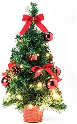 EFORINK Mini Christmas Tree with Lights 18" Prelit Artificial Xmas Tree with 40 LED Lights and Ornaments, Perfect Tabletop Xmas Decoration for Your Home and Office,3AA Battery Operated, 45cm, Red
