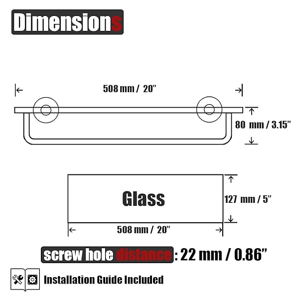 JQK BATHROOM GLASS SHELF, SHELF WITH 19 INCH TOWEL BAR TEMPERED GLASS SHOWER STORAGE 20 BY 5 INCHES, 304 STAINLESS STEEL BRUSHED FINISH WALL MOUNT, TGS100L20-BN