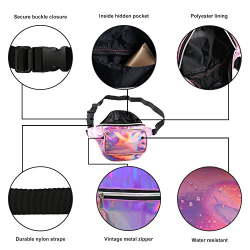 MUM'S MEMORY Metallic Hologram Fanny Pack – Outdoor Sport Waist Pack for Running, Hiking, Traveling for Women and Men (Pink) - Thumbnail 4
