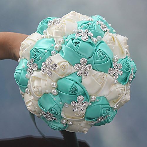 Amulti Wedding bouquet for the bride Bridesmaid bouquet For Wedding,18cm/7 inch (Tiffany Blue+Ivory)
