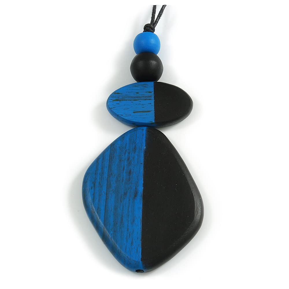 Avalaya Blue/Black Geometric Wood Pendant Black Waxed Cotton Cord - 80cm L Max/ 13cm