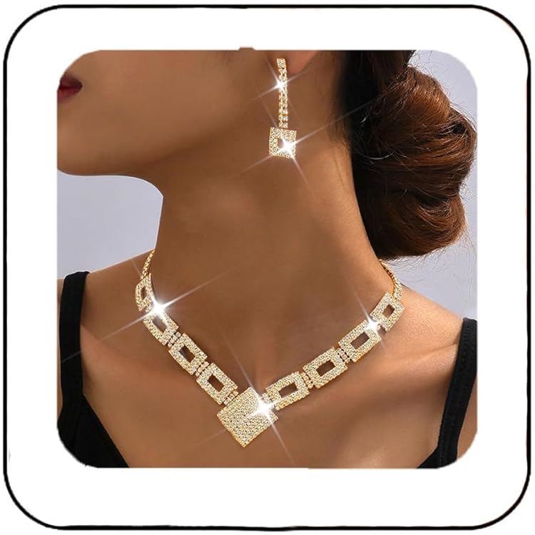 Parure De Bijoux De Mariée En Argent Et Strass – Collier Ras-de-cou + Boucles D'oreilles Pour Femme