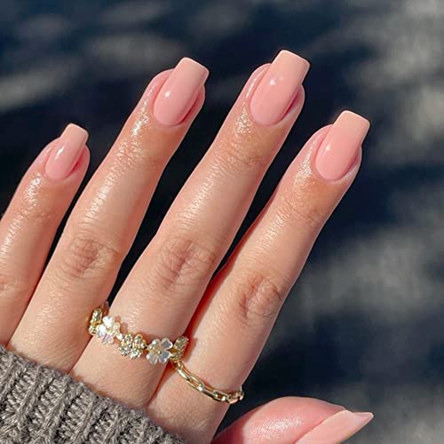 Light Pink Press on Nails Medium,KXAMELIE Glue on Nails Square Shape Acrylic Nails Press on with Soft Pink Color Design Fake Nails Set for Women Girls Daily Wear in 24PCS