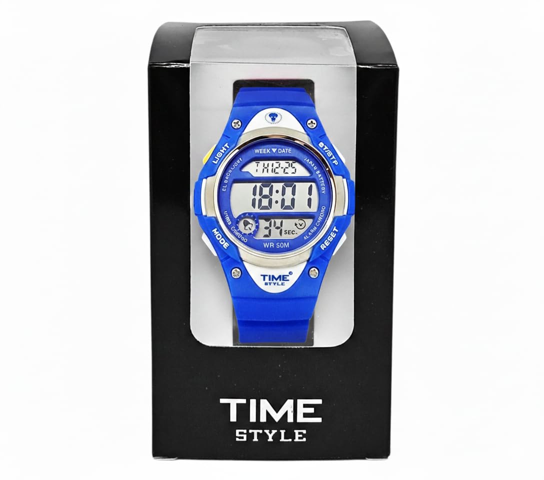 Time Style Multifunctional Bright Blue Digital Watch with EL Backlight, Fun Features and Waterproof Design 50m