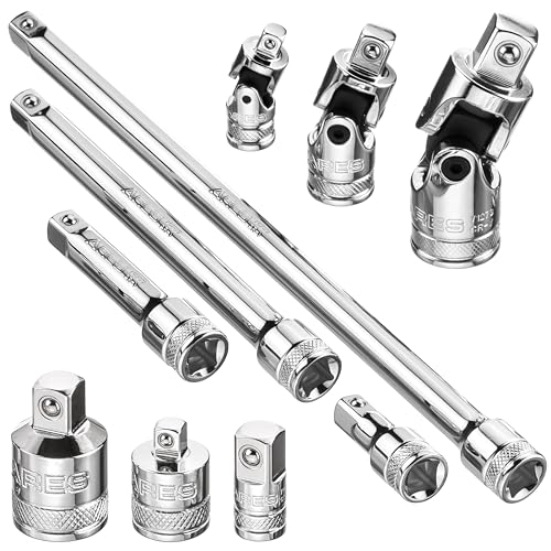 ARES 71270-10-teiliges Steckschlüssel-Zubehör-Set - Premium Chrom-Vanadium-Stahl mit Spiegelglanz-Finish - inkl. Stecknuss-Adapter, Verlängerungen und