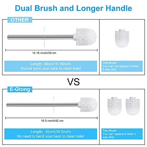 E-Gtong Toilet Brush and Holder, Modern Design Longer Brush with Sturdy Holder, Stainless Steel Handle and Lid, Two Replaced Brushes for Bathroom Toilet