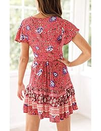 MEROKEETY Vestido de verano para dama, cuello en V, bohemio, estampado floral, mangas con volantes, línea A, mini vestido de playa