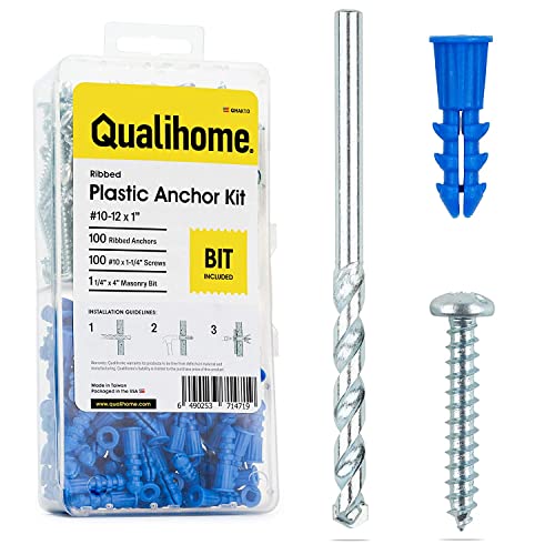 Ribbed Plastic Drywall Anchor Kit with Screws and Masonry Drill Bit, 10