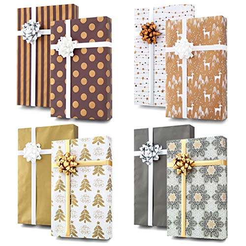 Gold + Copper + Silver Designer Wrapping Paper Set: 4 Rolls (8 Designs) of Premium Gift Wrap (80 sq. ft.) with 29 Coordinated Bows, 2 Spools of Ribbon, and 24 Gift Tags