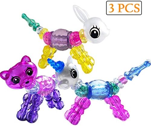 Ewong Animal Twist Bracelets for Kids, 3 Pack Magical Pets Snap Bracelets for Girls, Changeable Pull Apart Beads Toy, Girls Gifts(Unicorn/Rabbit/ Cat)