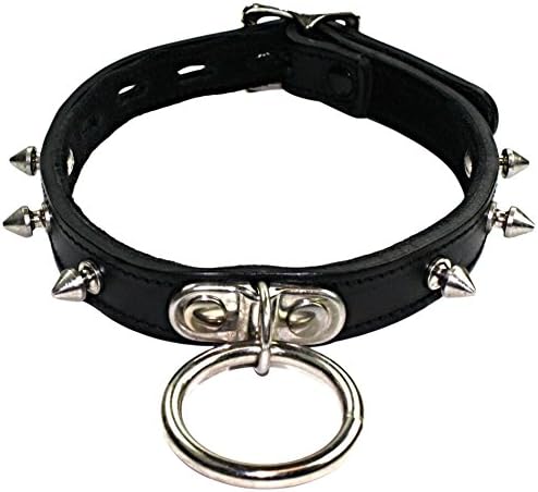 Slap Leather Large Neck Collar with Spikes and Ring in Black Leather with Black Suede Lining