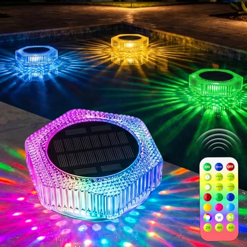 Solar Float Lights for Swimming Pool, 7 Colors RGB + Running Effect, IP68 Waterproof, 4 Brightness Levels, 10m Remote Control, Timer 2/4/6h - for Pool, Pond, Garden, Party Decoration