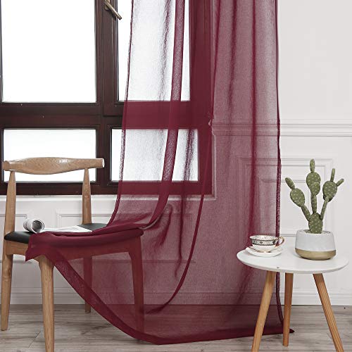 Anjee Sheer Window Curtains, Rods Pocket Voile Fabric Drapes/Panels/Treatments for Living Room/Kitchen/Bedroom, 52” x 96”, Set of 2, Red