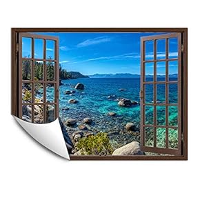 Wall Murals for Bedroom Fake Window Beach Brown Window Removable Wallpaper Peel and Stick Wall Stickers - 24x32 inches