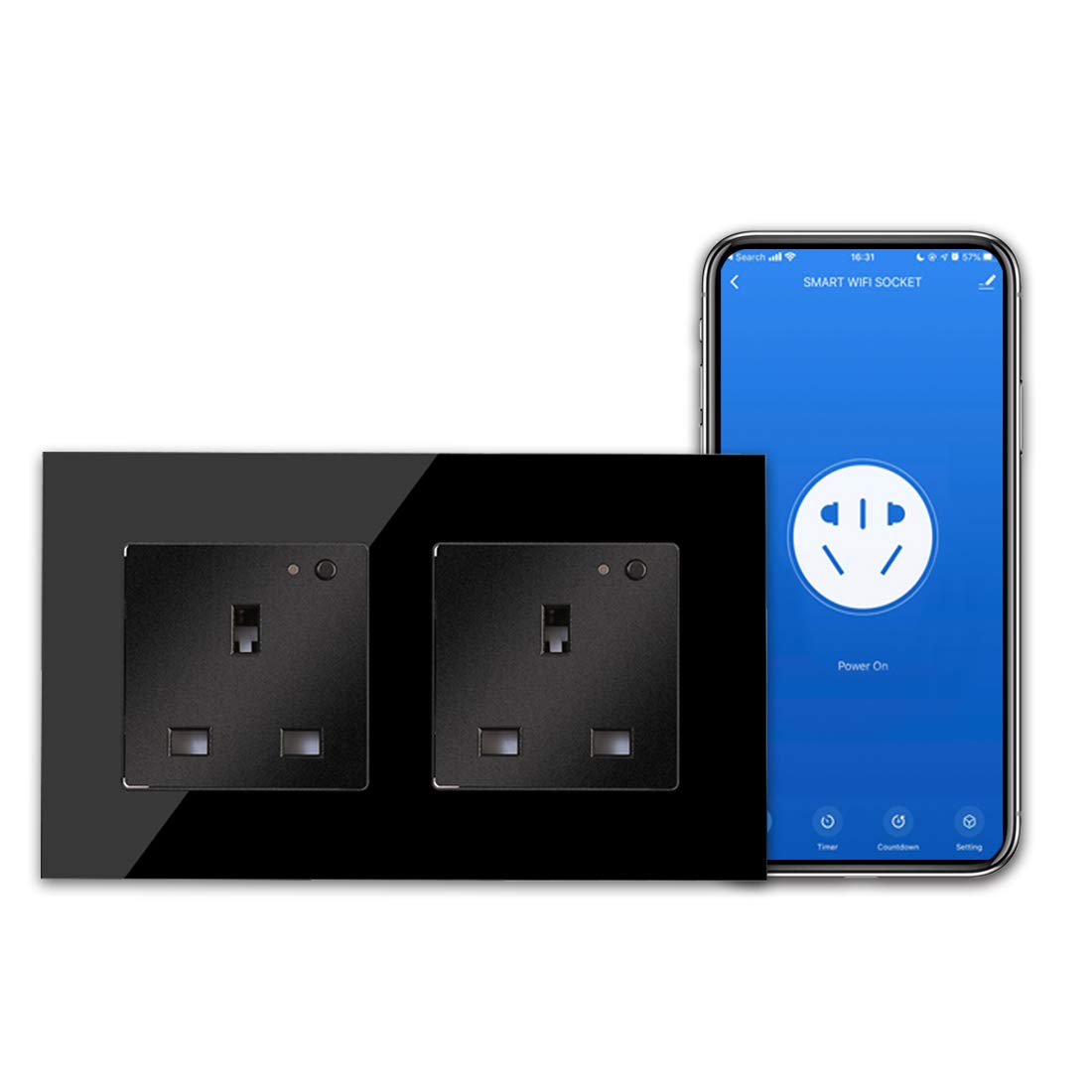 CNBINGO WiFi Double Socket, Smart Switched Socket with Indicator,Smart Life App Control,Timer,Wall Power Socket Work with Alexa, Google Assistant,Black Glass Panel,Outlet AC 13Amp 240V