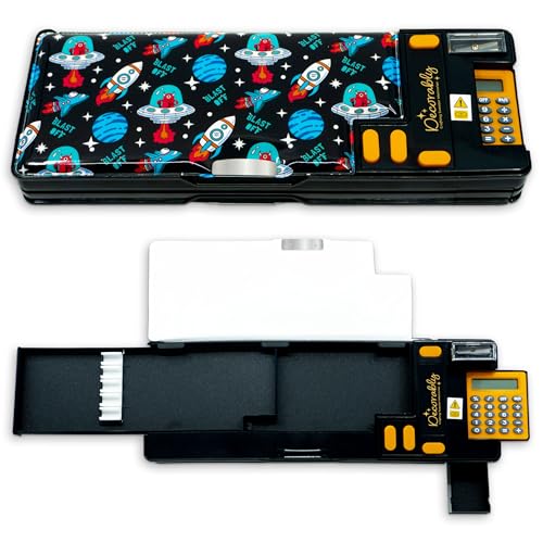 Decorably Space Pop Up Multifunction Pencil Case with Calculator, Sharpener, Pen Slots and Mini Drawer - Boys Pencil Case for Boys with 2 Main Compartments