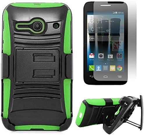 [SlickGearsTM] Heavy Duty Combat Armor Kickstand Case w/ Belt Holster for Alcatel OneTouch Evolve 2 4037T (T-Mobile, MetroPCS etc...) + Premium Screen Protector (Green)