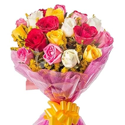 Floralbay Valentines Day Special Fresh Flowers Mix Rose Bunch in Cellophane Packing (Bunch of 20)