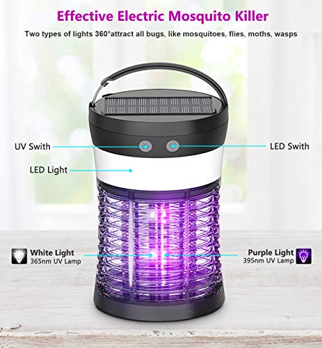 Mosquito Bug Zapper Outdoor, Aukfa Solar Mosquito Killer Lamp Insect Killer and Rechargeable Electric Fly Insect Trap with 3 Lighting Function Waterproof Portable Mosquito Trap for Indoor Camping