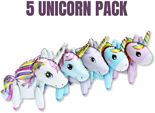5 pack Large Original 2ft Tall Standing Unicorn Buddies, Unique Unicorn Balloons, perfect Unicorn decor, great for Unicorn birthdays, Unicorn Foil Balloon requires no Helium, Easy 2 Step setup