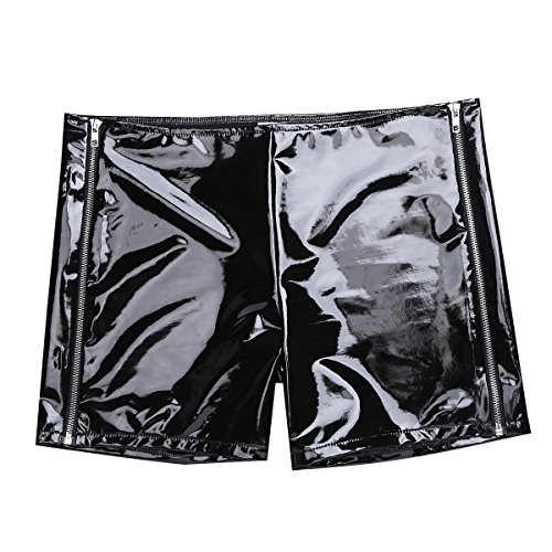 YiZYiF Men's Wet Look PVC Leather Underwear Bikini Swim Shorts With Double Zipper Black Large