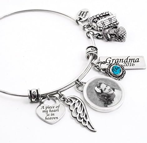 Personalized Memorial Photo Bangle with engraved charm in stainless steel