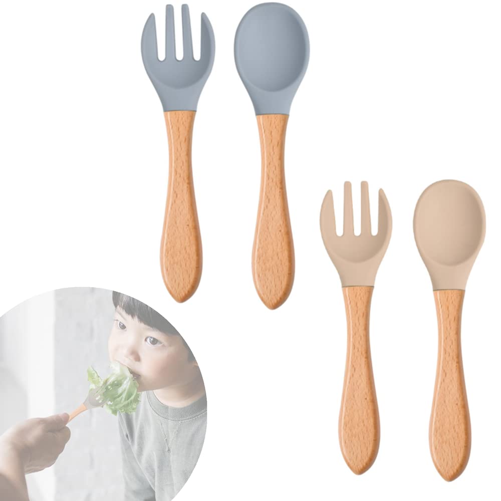 Baby Fork and Spoon Set, 4 Pcs Silicone Feeding Utensil Easy Grip Toddler Cutlery Kit Children's Flatware Kids Cutlery Set for Infant Toddler Children First Led Training Weaning, 6-12 Month