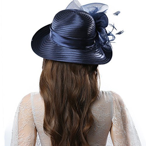 Janey&Rubbins Women Kentucky Derby Church Wedding Fascinators Cloche Bucket Bowler Hat (Navy Blue)
